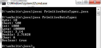 Primitive data types in java example